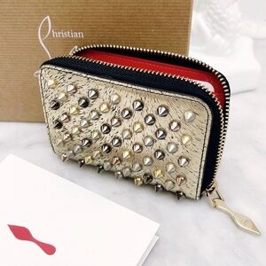 Christian Louboutin Gold and Red Studded Zippy Wallet, original box & care card